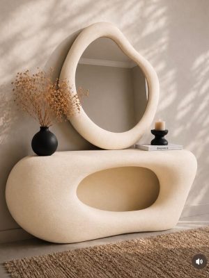 State-the-art Textured Acrylic Vanity Mirror and Table set(CREAM)